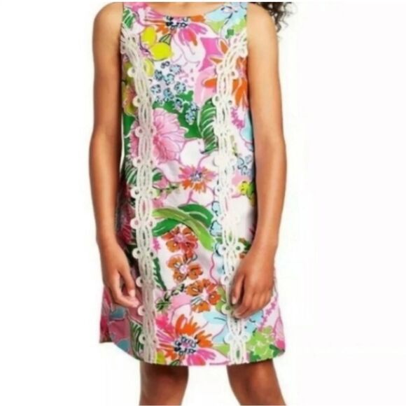 Lilly Pulitzer Baby Girl Dress 12M Pink Bright Floral Designer Shift Lace Detail - Picture 8 of 8